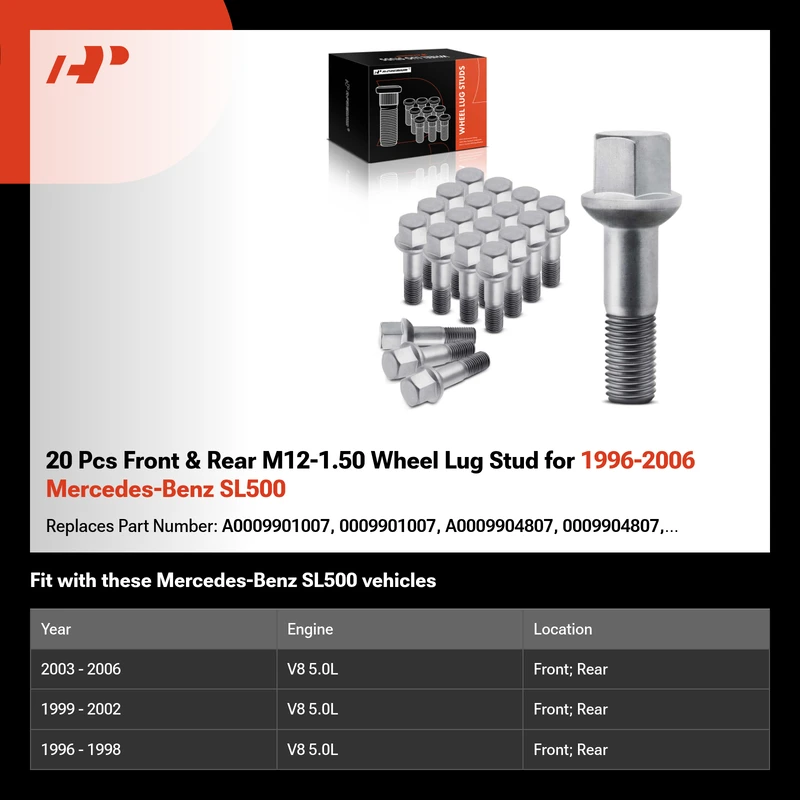 20 Pcs Front & Rear M12-1.50 Wheel Lug Stud for 1996-2006 Mercedes-Benz SL500