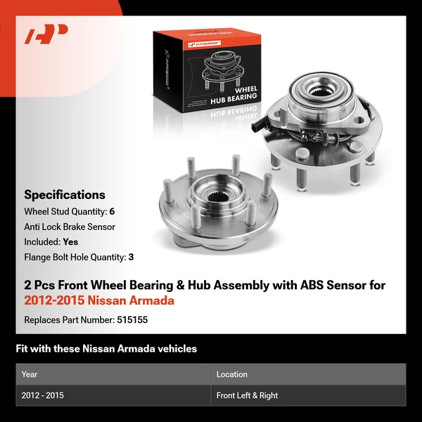 2 Pcs Front Wheel Bearing & Hub Assembly with ABS Sensor for 2012-2015 Nissan Armada