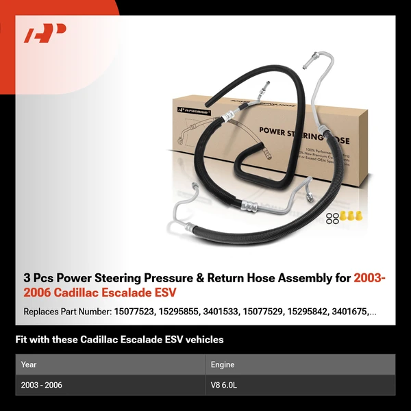 3 Pcs Power Steering Pressure & Return Hose Assembly for 2003-2006 Cadillac Escalade ESV