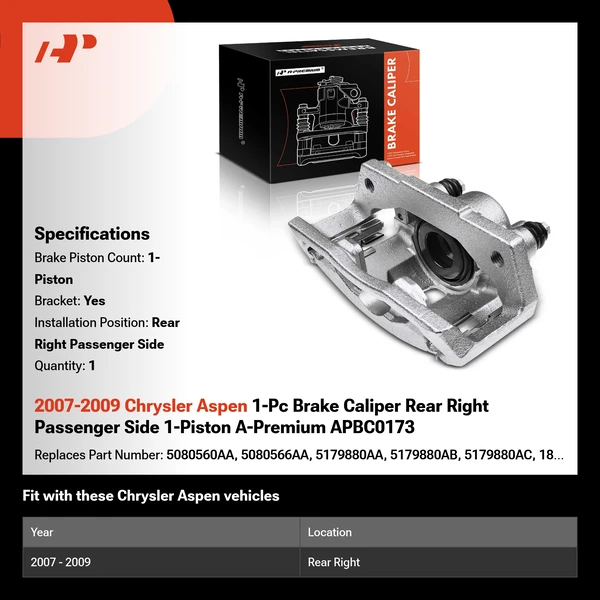 2007-2009 Chrysler Aspen 1-Pc Brake Caliper Rear Right Passenger Side 1-Piston A-Premium APBC0173