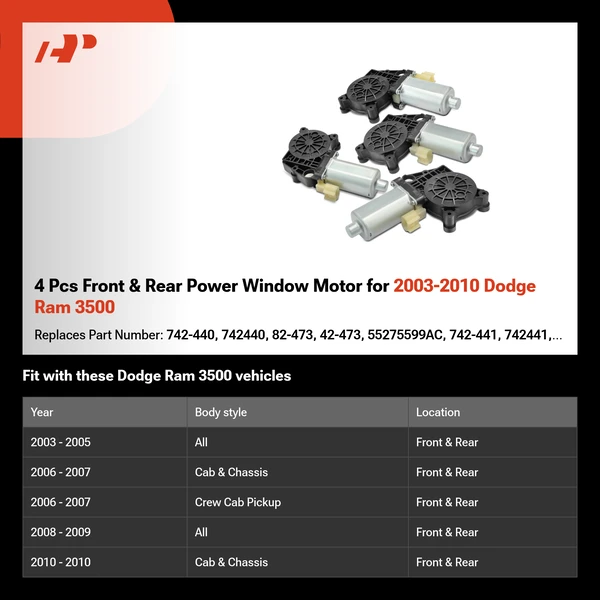 4 Pcs Front & Rear Power Window Motor for 2003-2010 Dodge Ram 3500