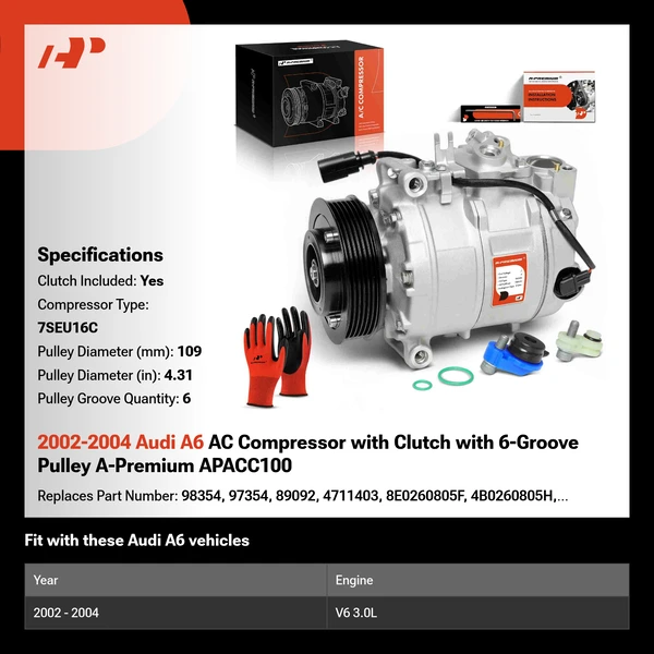 2002-2004 Audi A6 AC Compressor with Clutch with 6-Groove Pulley A-Premium APACC100