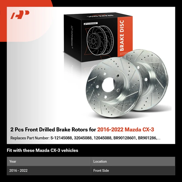 2 Pcs Front Drilled Brake Rotors for 2016-2022 Mazda CX-3