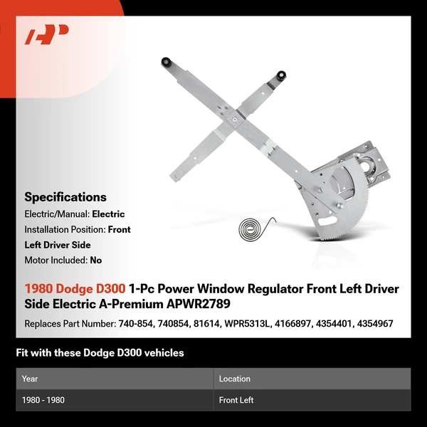 1980 Dodge D300 1-Pc Power Window Regulator Front Left Driver Side Electric A-Premium APWR2789