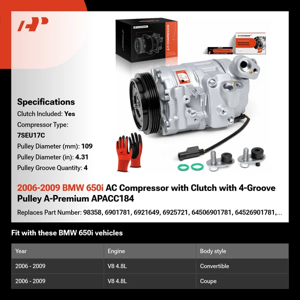2006-2009 BMW 650i AC Compressor with Clutch with 4-Groove Pulley A-Premium APACC184