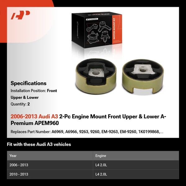 2006-2013 Audi A3 2-Pc Engine Mount Front Upper & Lower A-Premium APEM960