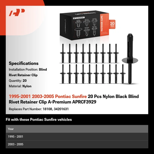 1995-2001 2003-2005 Pontiac Sunfire 20 Pcs Nylon Black Blind Rivet Retainer Clip A-Premium APRCF3929