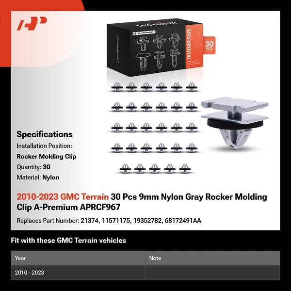 2010-2023 GMC Terrain 30 Pcs 9mm Nylon Gray Rocker Molding Clip A-Premium APRCF967