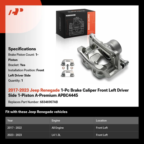 2017-2023 Jeep Renegade 1-Pc Brake Caliper Front Left Driver Side 1-Piston A-Premium APBC4445
