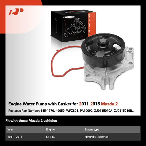 Engine Water Pump with Gasket for 2011-2015 Mazda 2