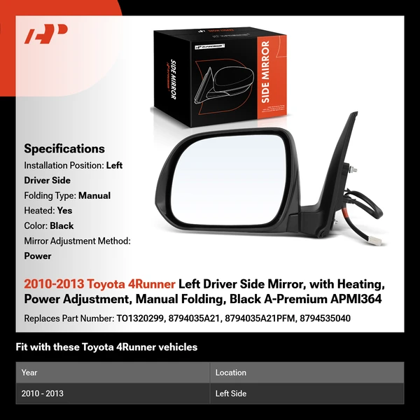 2010-2013 Toyota 4Runner Left Driver Side Mirror, with Heating, Power Adjustment, Manual Folding, Black A-Premium APMI364