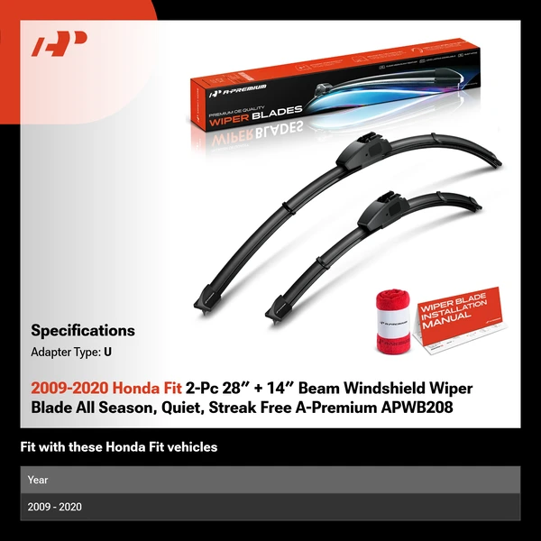 2009-2020 Honda Fit 2-Pc 28″ + 14″ Beam Windshield Wiper Blade All Season, Quiet, Streak Free A-Premium APWB208
