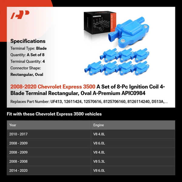2008-2020 Chevrolet Express 3500 A Set of 8-Pc Ignition Coil 4-Blade Terminal Rectangular, Oval A-Premium APIC0984