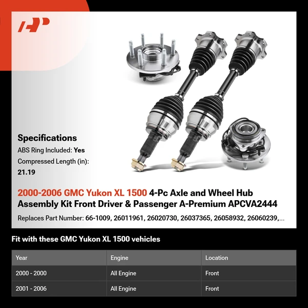 2000-2006 GMC Yukon XL 1500 4-Pc Axle and Wheel Hub Assembly Kit Front Driver & Passenger A-Premium APCVA2444