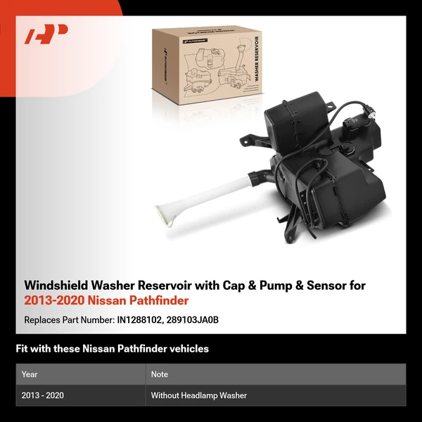 Windshield Washer Reservoir with Cap & Pump & Sensor for 2013-2020 Nissan Pathfinder