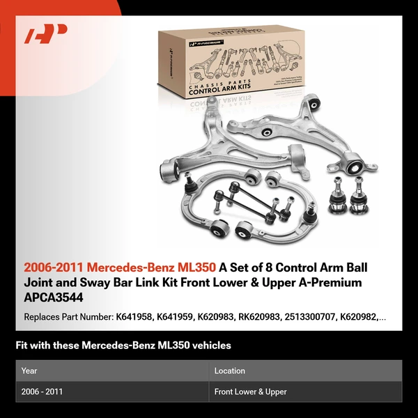 2006-2011 Mercedes-Benz ML350 A Set of 8 Control Arm Ball Joint and Sway Bar Link Kit Front Lower & Upper A-Premium APCA3544