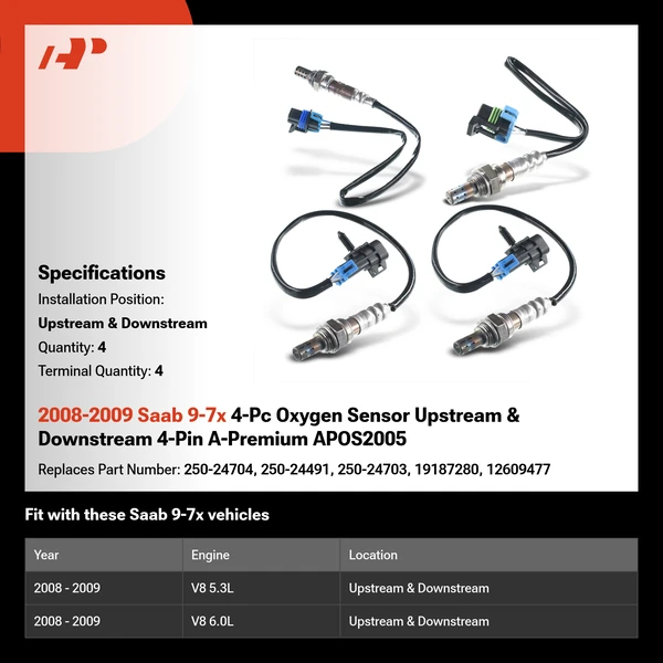 2008-2009 Saab 9-7x 4-Pc Oxygen Sensor Upstream & Downstream 4-Pin A-Premium APOS2005