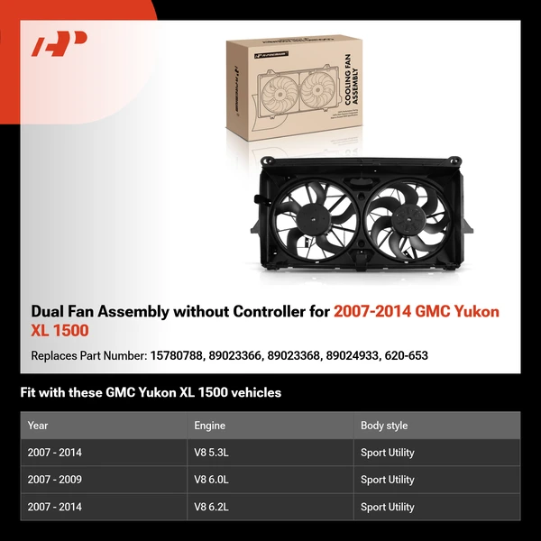 Dual Fan Assembly without Controller for 2007-2014 GMC Yukon XL 1500