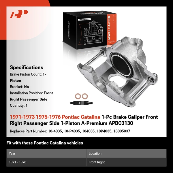 1971-1973 1975-1976 Pontiac Catalina 1-Pc Brake Caliper Front Right Passenger Side 1-Piston A-Premium APBC3130