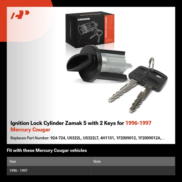 Ignition Lock Cylinder Zamak 5 with 2 Keys for 1996-1997 Mercury Cougar