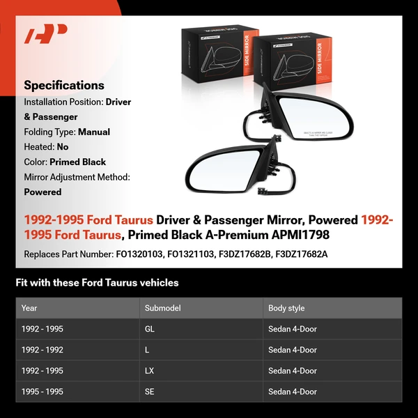1992-1995 Ford Taurus Driver & Passenger Mirror, Powered 1992-1995 Ford Taurus, Primed Black A-Premium APMI1798