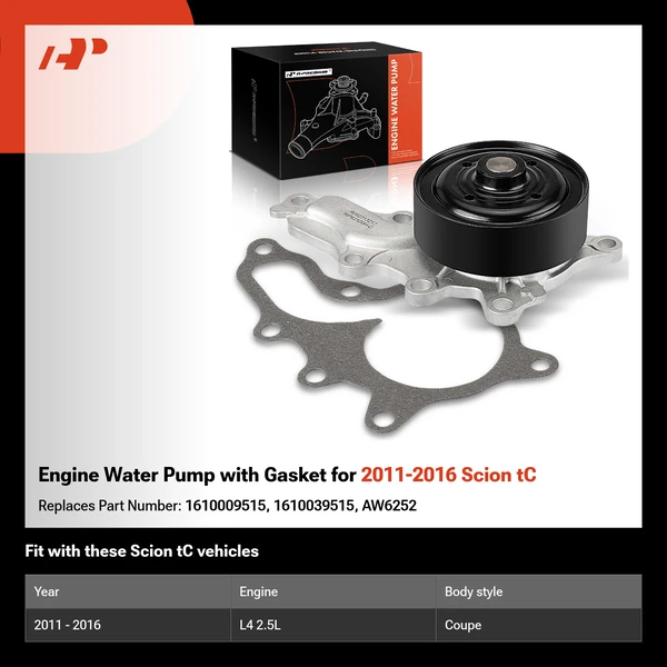 Engine Water Pump with Gasket for 2011-2016 Scion tC