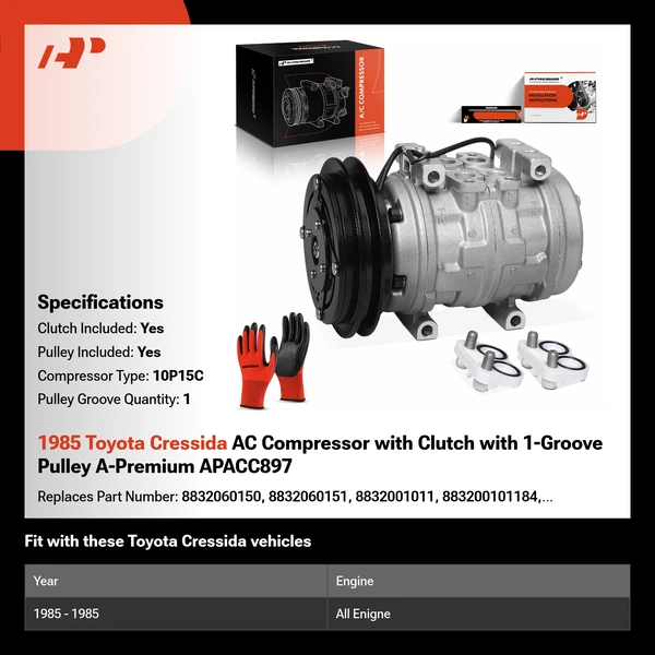 1985 Toyota Cressida AC Compressor with Clutch with 1-Groove Pulley A-Premium APACC897