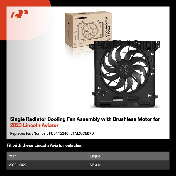 Single Radiator Cooling Fan Assembly with Brushless Motor for 2023 Lincoln Aviator