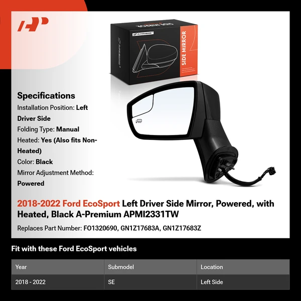 2018-2022 Ford EcoSport Left Driver Side Mirror, Powered, with Heated, Black A-Premium APMI2331TW