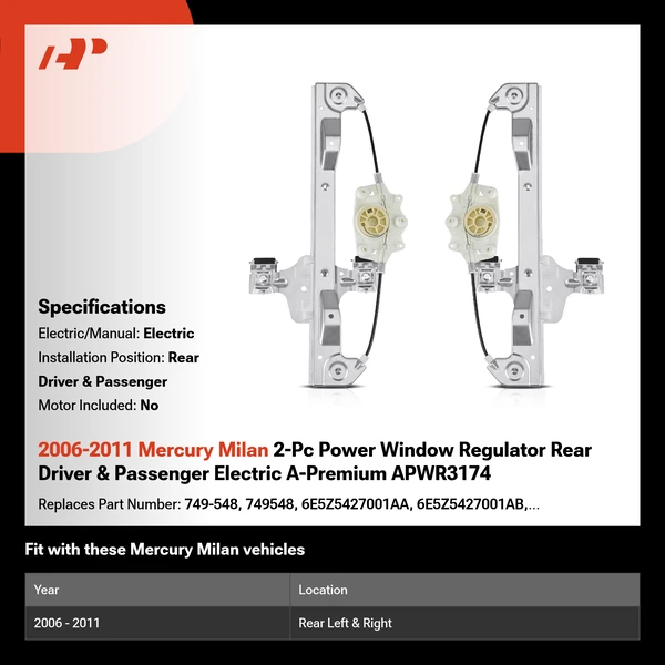 2006-2011 Mercury Milan 2-Pc Power Window Regulator Rear Driver & Passenger Electric A-Premium APWR3174