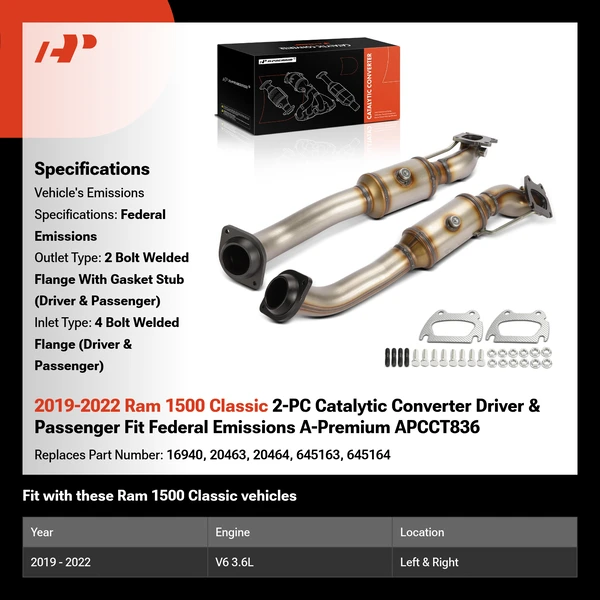 2019-2022 Ram 1500 Classic 2-PC Catalytic Converter Driver & Passenger Fit Federal Emissions A-Premium APCCT836