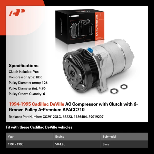 1994-1995 Cadillac DeVille AC Compressor with Clutch with 6-Groove Pulley A-Premium APACC710