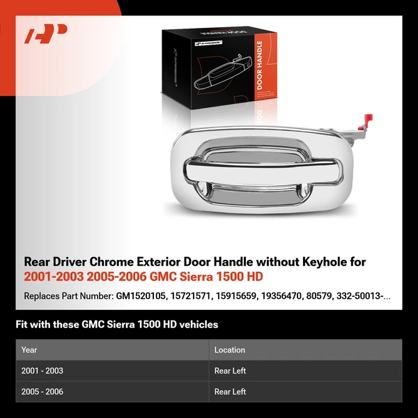 Rear Driver Chrome Exterior Door Handle without Keyhole for 2001-2003 2005-2006 GMC Sierra 1500 HD