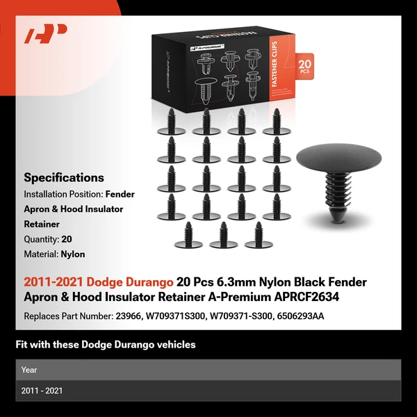 2011-2021 Dodge Durango 20 Pcs 6.3mm Nylon Black Fender Apron & Hood Insulator Retainer A-Premium APRCF2634