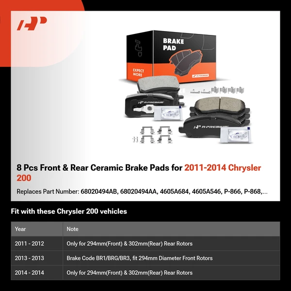 8 Pcs Front & Rear Ceramic Brake Pads for 2011-2014 Chrysler 200