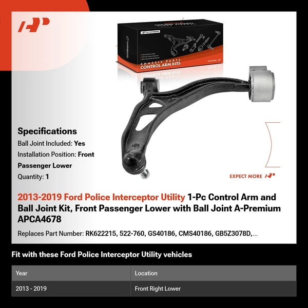 2013-2019 Ford Police Interceptor Utility 1-Pc Control Arm and Ball Joint Kit, Front Passenger Lower with Ball Joint A-Premium APCA4678