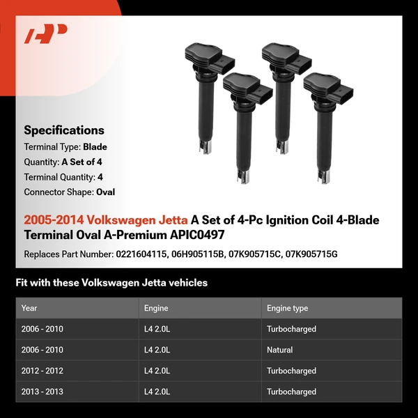 2005-2014 Volkswagen Jetta A Set of 4-Pc Ignition Coil 4-Blade Terminal Oval A-Premium APIC0497