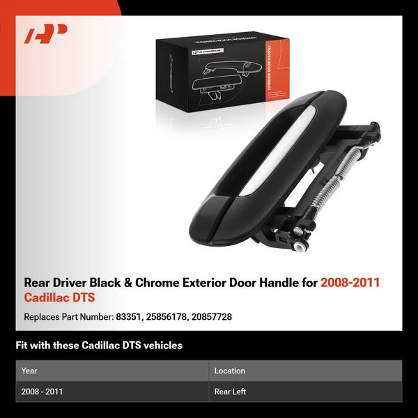 Rear Driver Black & Chrome Exterior Door Handle for 2008-2011 Cadillac DTS
