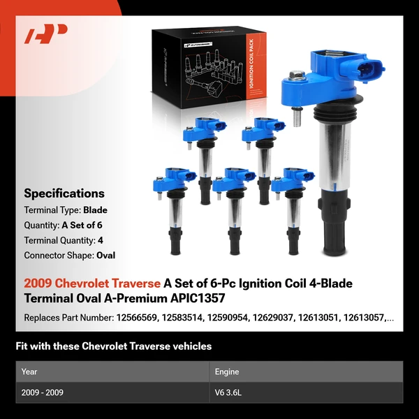 2009 Chevrolet Traverse A Set of 6-Pc Ignition Coil 4-Blade Terminal Oval A-Premium APIC1357