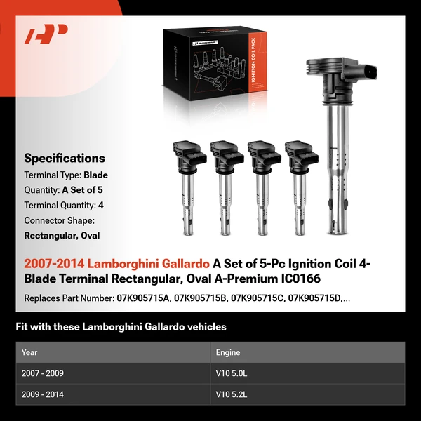 2007-2014 Lamborghini Gallardo A Set of 5-Pc Ignition Coil 4-Blade Terminal Rectangular, Oval A-Premium IC0166