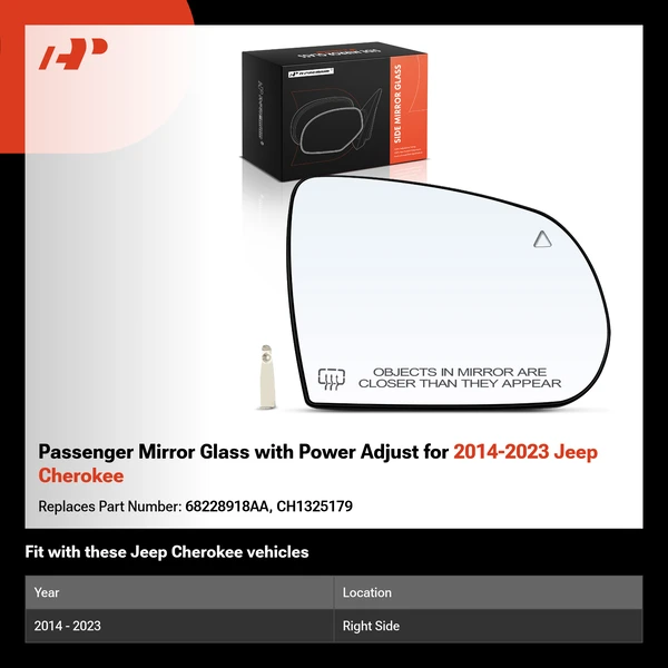 Passenger Mirror Glass with Power Adjust for 2014-2023 Jeep Cherokee