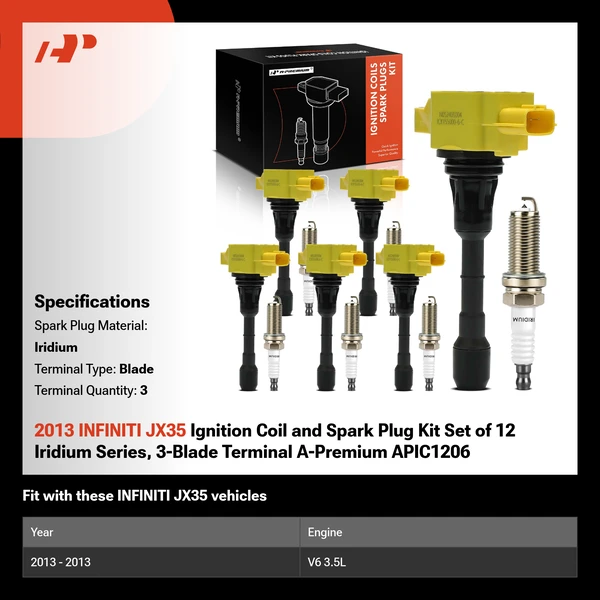 2013 INFINITI JX35 Ignition Coil and Spark Plug Kit Set of 12 Iridium Series, 3-Blade Terminal A-Premium APIC1206