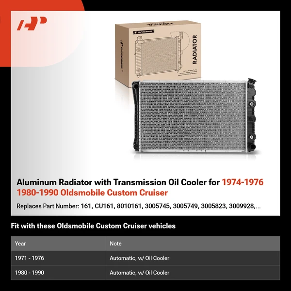 Aluminum Radiator with Transmission Oil Cooler for 1974-1976 1980-1990 Oldsmobile Custom Cruiser