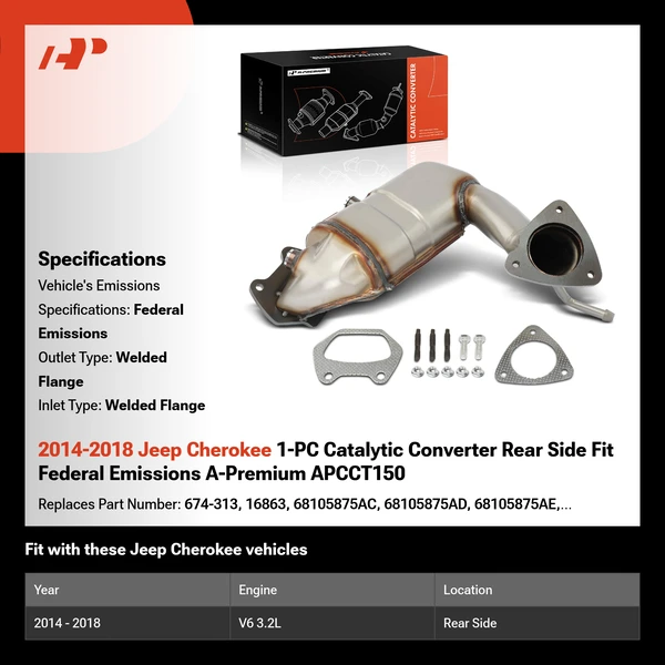 2014-2018 Jeep Cherokee 1-PC Catalytic Converter Rear Side Fit Federal Emissions A-Premium APCCT150