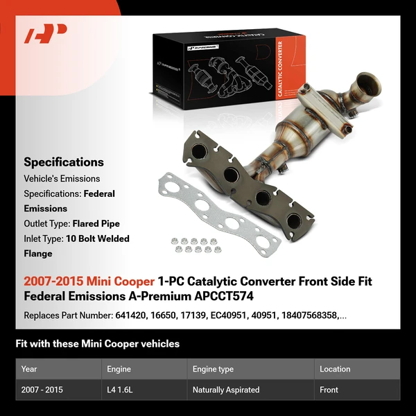 2007-2015 Mini Cooper 1-PC Catalytic Converter Front Side Fit Federal Emissions A-Premium APCCT574