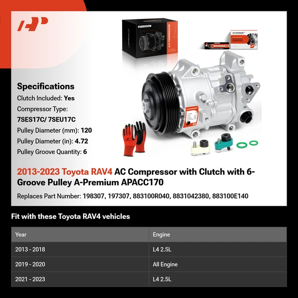 2013-2023 Toyota RAV4 AC Compressor with Clutch with 6-Groove Pulley A-Premium APACC170