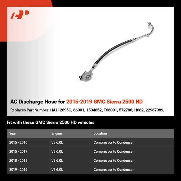 AC Discharge Hose for 2015-2019 GMC Sierra 2500 HD
