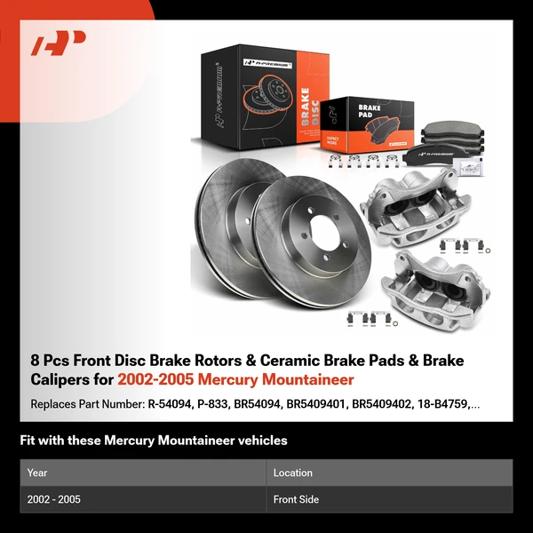 8 Pcs Front Disc Brake Rotors & Ceramic Brake Pads & Brake Calipers for 2002-2005 Mercury Mountaineer