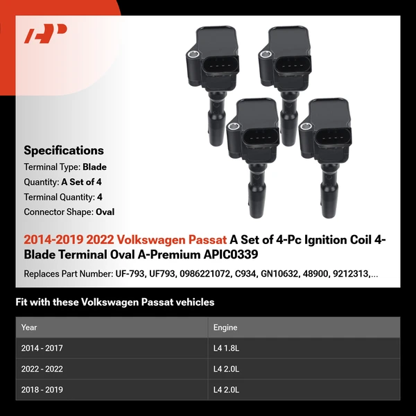 2014-2019 2022 Volkswagen Passat A Set of 4-Pc Ignition Coil 4-Blade Terminal Oval A-Premium APIC0339