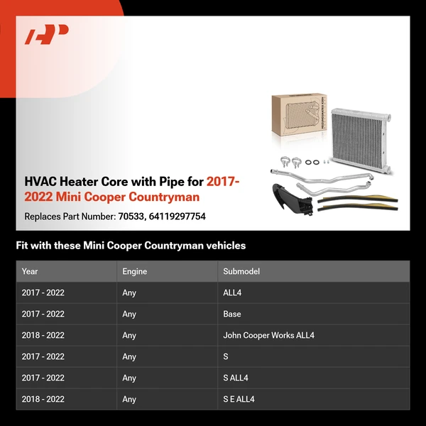 HVAC Heater Core with Pipe for 2017-2022 Mini Cooper Countryman